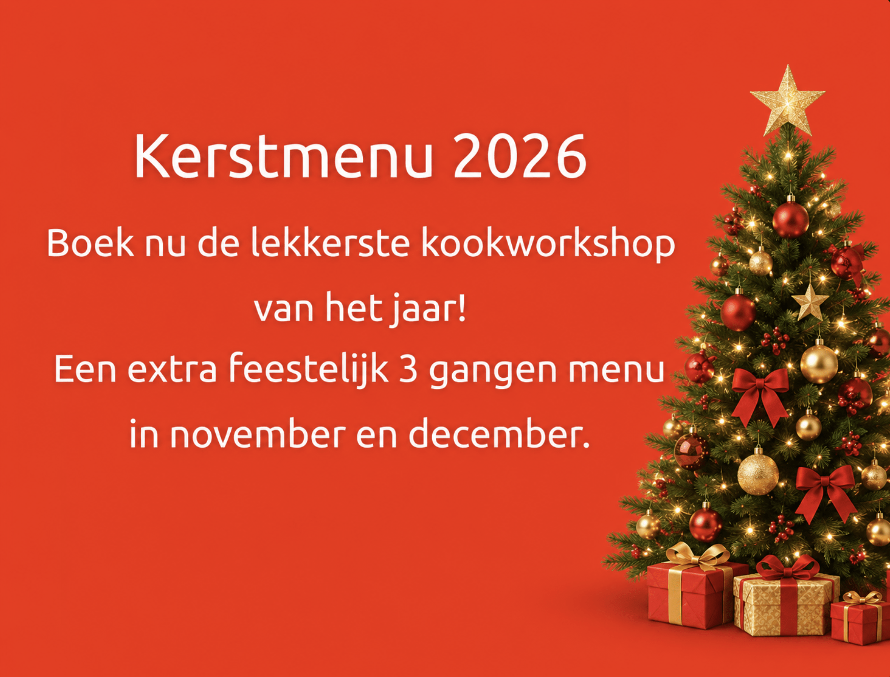 Kerstmenu 2026 promo banner with a Christmas tree and gift boxes on a red background; invites booking a festive cooking workshop.